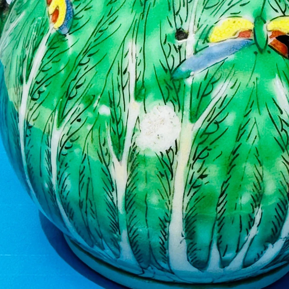 Antique Hand Painted Bok Choy Cabbage Porcelain Pitcher Bamboo Handle Creamer